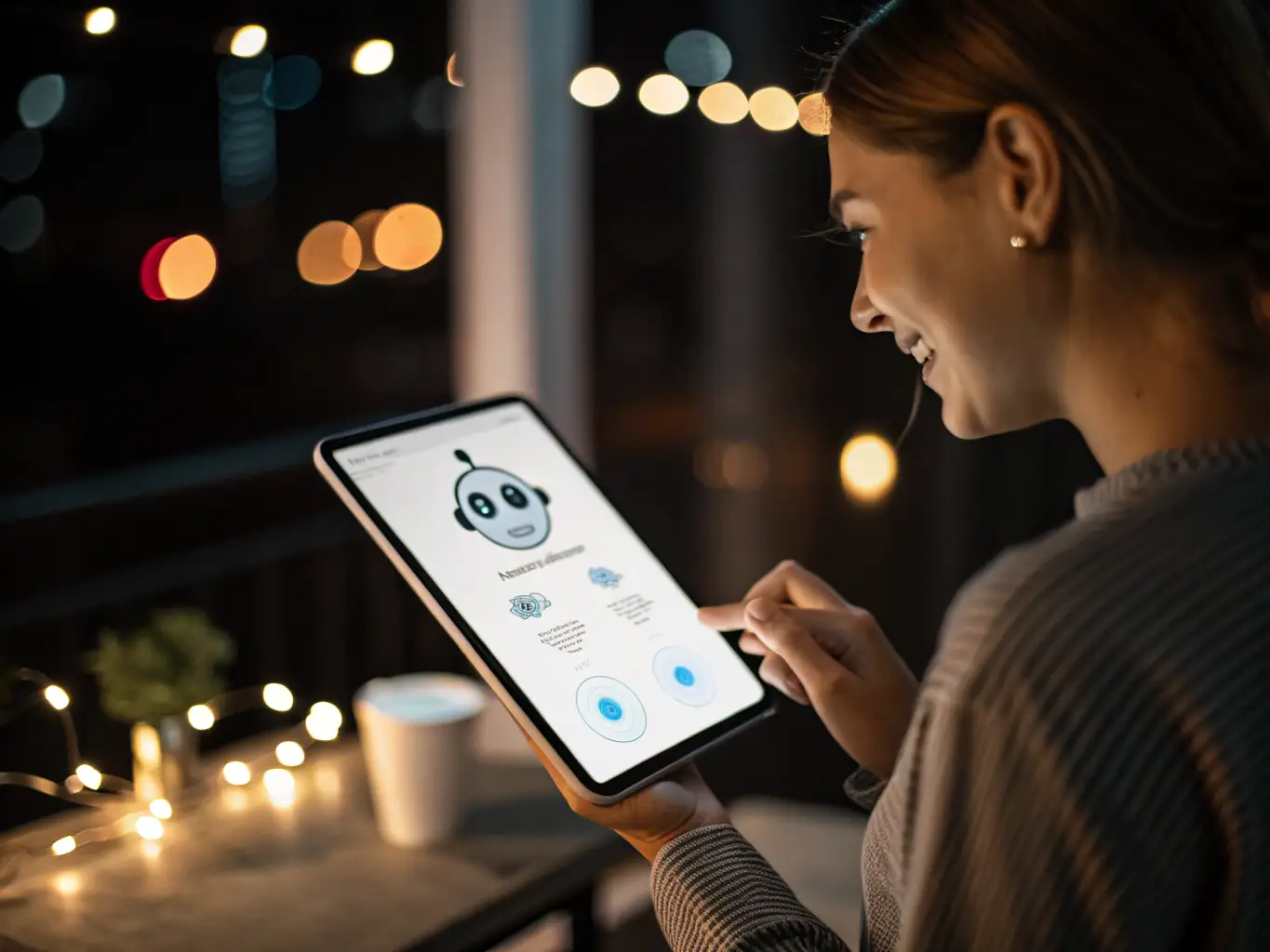 A friendly AI assistant interface on a smartphone, illustrating the AI-powered voice call feature of Senior Call.