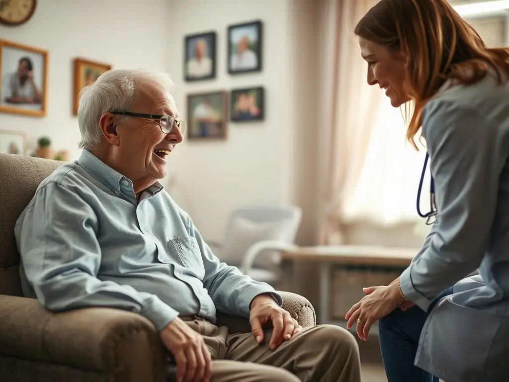 A friendly senior receiving a scheduled wellness call from Senior Call, smiling and engaged in conversation with the operator.