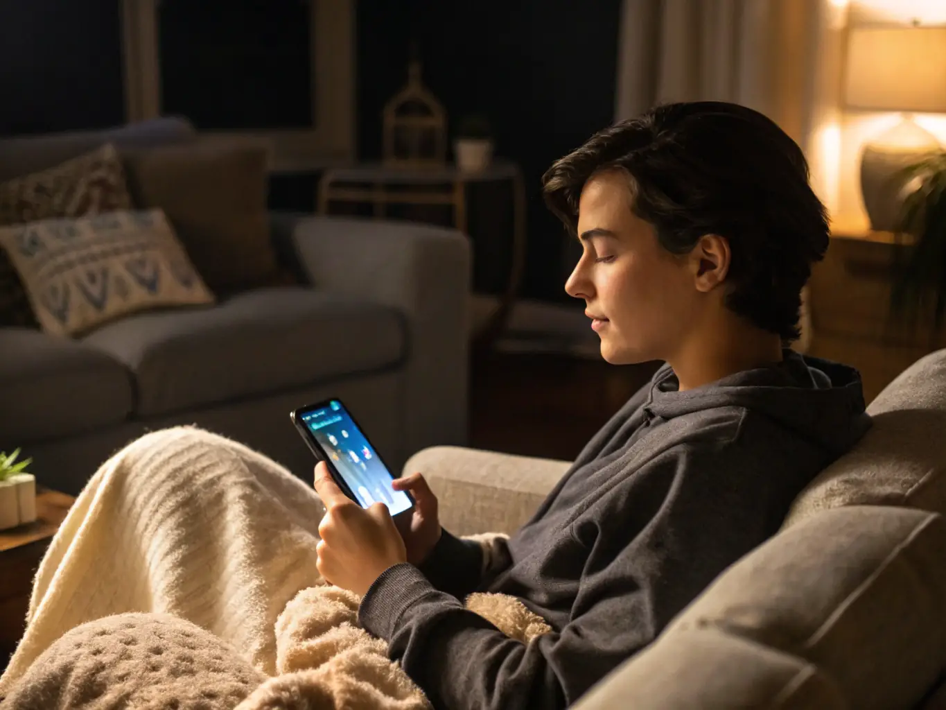 A family member receiving an alert from Senior Call on their smartphone, showing concern but also relief that they were notified.