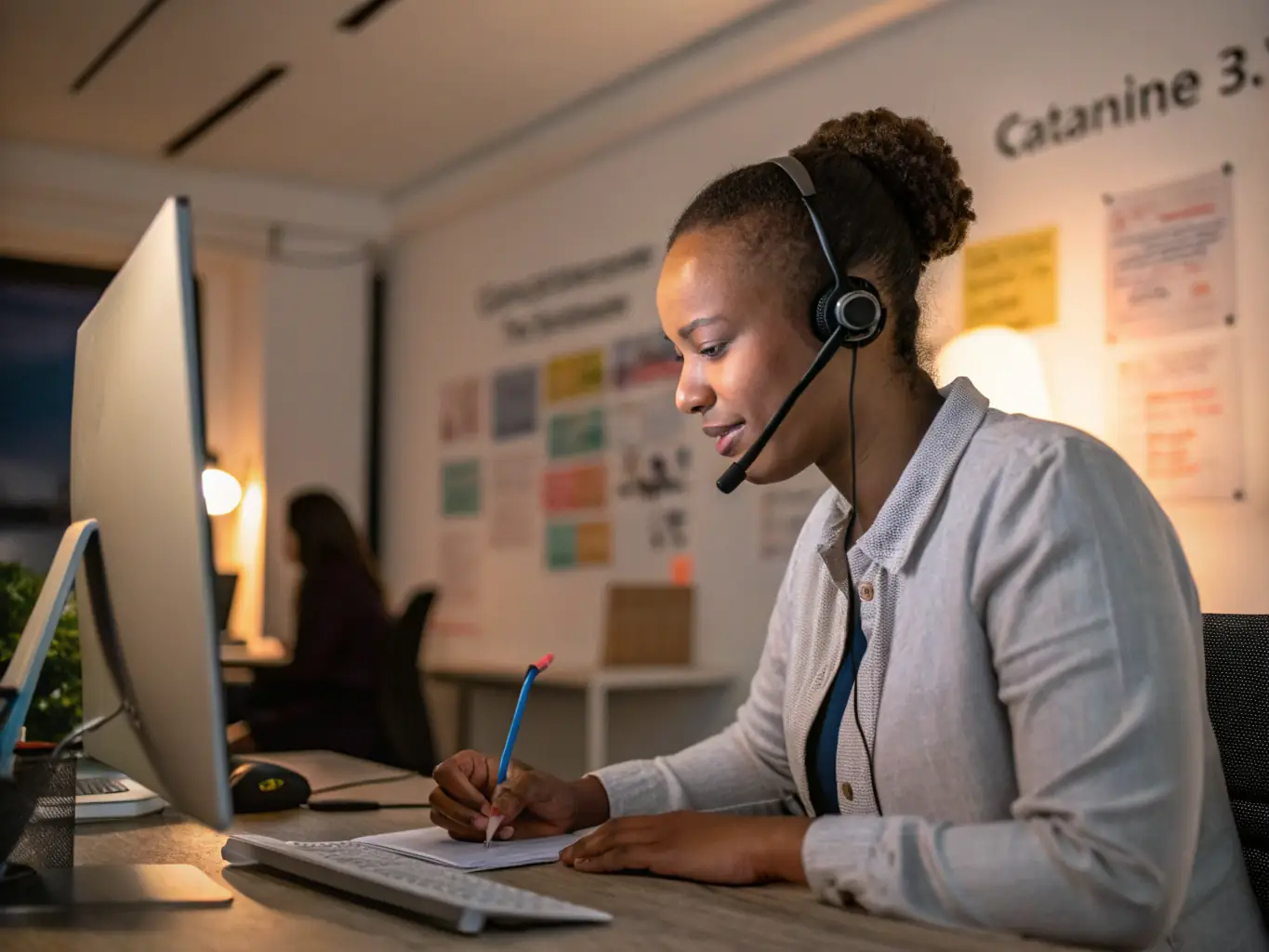 A Senior Call operator attempting to contact a senior, with a concerned expression, ready to follow protocol if the call is missed.